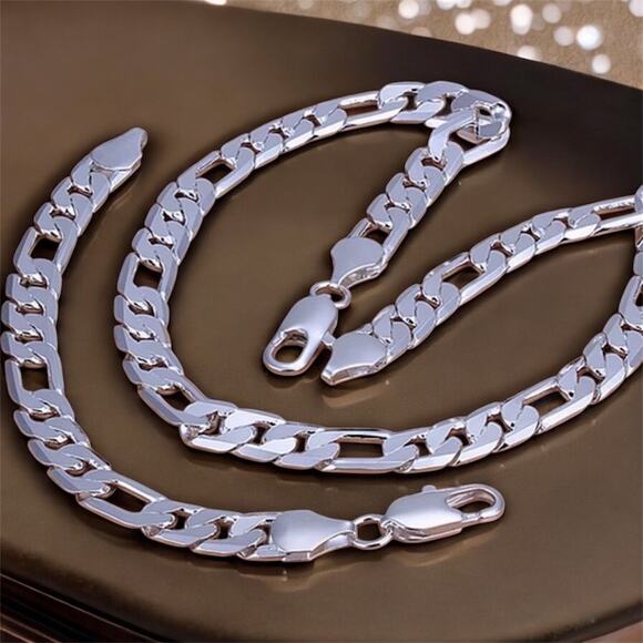 925 Stamped Silver-Color Figaro Chain Set 12MM 22" Necklace & 8" Bracelet - Picture 2 of 9